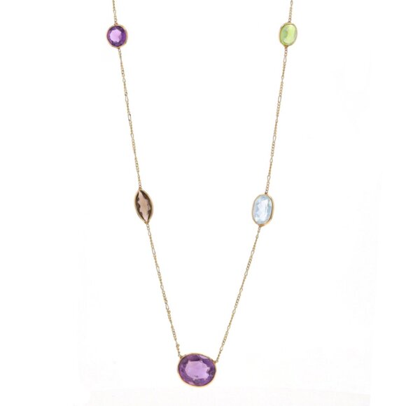 Yellow Gold Peridot Blue Topaz Citrine Station Necklace 36" - 14k Pear 20.07ctw